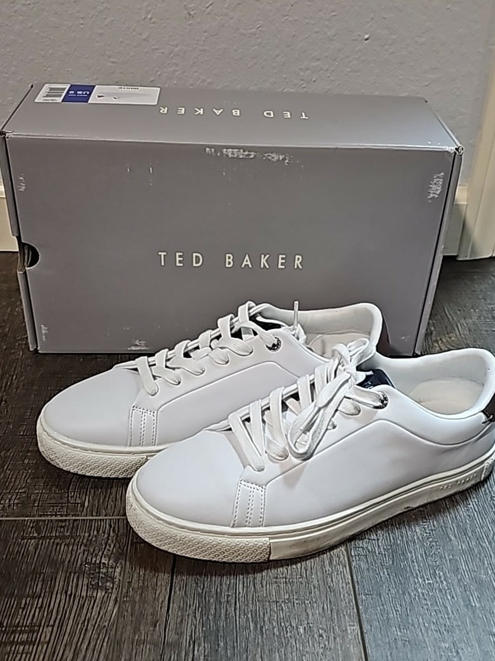 Ted Baker White Leather Sneakers with Dark Brown Heel Accent
